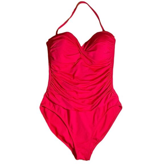 La Blanca Twist Front Bandeau One-Piece Swimsuit Vivid Berry Red Women’s Size 12 - Picture 2 of 12